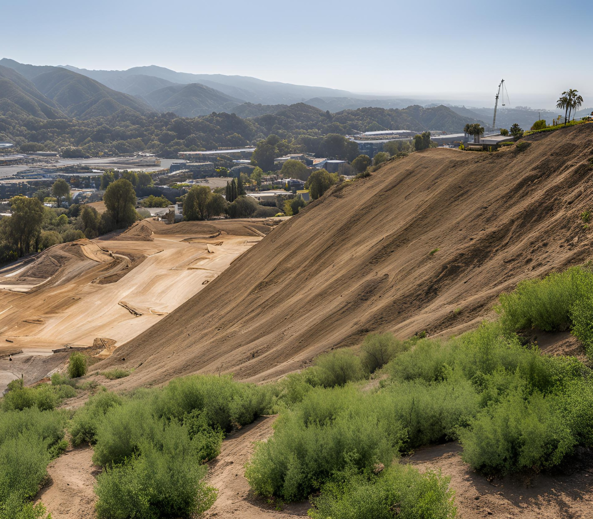Hilly land being developed in compliance with the construction stormwater general permit. Sloped site with sandy soil type and high erosion rates. Distant mountains under clear blue sky.